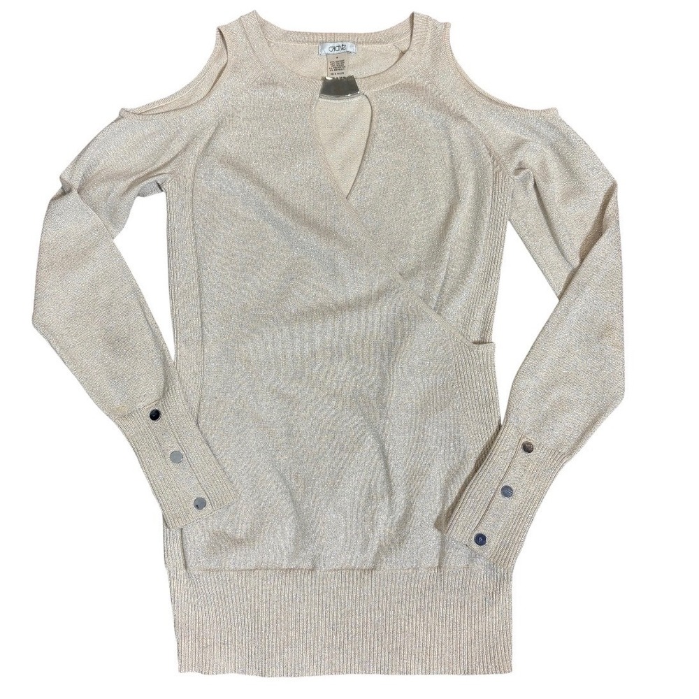 Cache Cold Shoulder Sweater Womens Medium Champagne Gold Metallic Wrap Keyhole